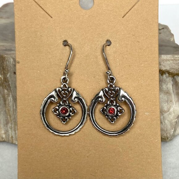 Sterling Silver 925 SX Thailand Garnet Scrollwork Dangle Drop Earrings - Picture 1 of 16